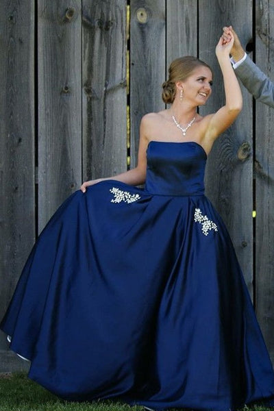 navy strapless prom dress