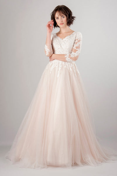 blush pink gown with sleeves