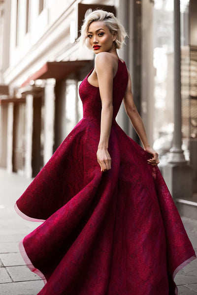 burgundy high low prom dresses