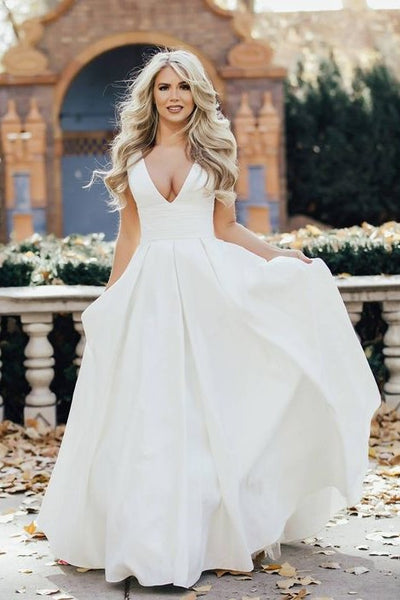 satin deep v neck wedding dress