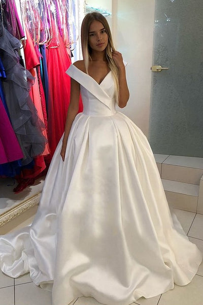 satin v neck ball gown wedding dress