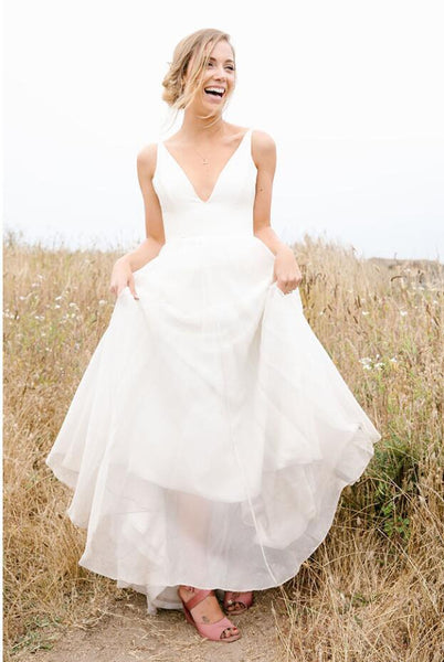 Deep V Neckline Sleeveless Chiffon Simple Beach Wedding Dresses