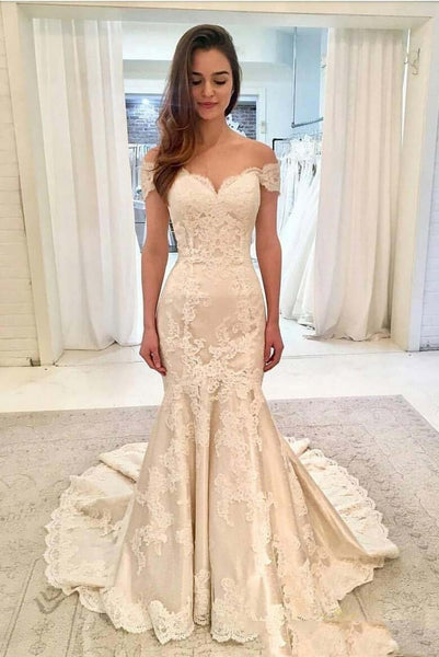 fit and flare wedding dress off the shoulder