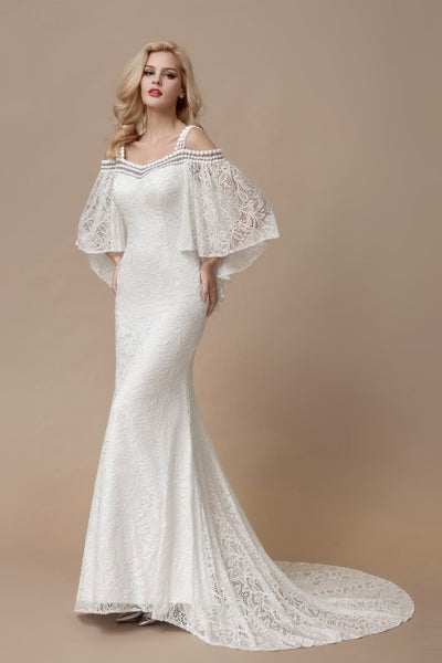 Flutter Sleeves Mermaid Lace Bridal Dresses With Pearls Neckline Loveangeldress 9836