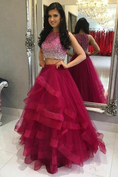 Fuchsia Ruffles Two Piece Crystals Prom 