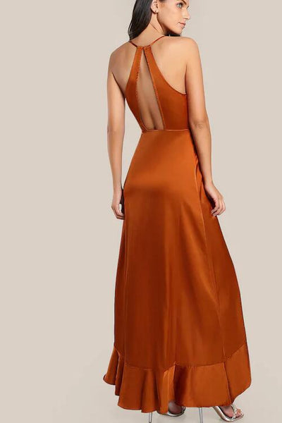 Halter Burnt Orange Long Prom Dress 
