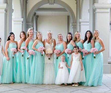 Illusion Halter Tulle Turquoise Bridesmaid Dresses For Beach Weddings