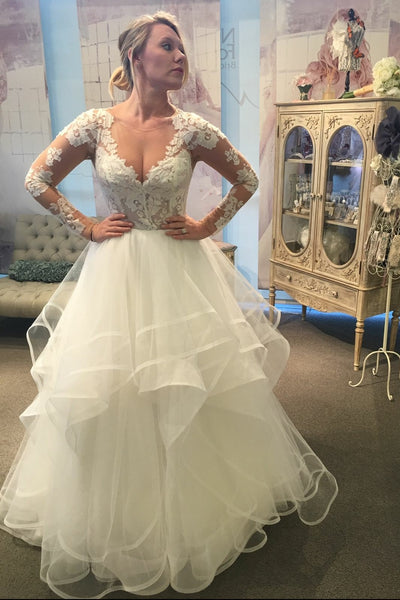 long sleeve lace wedding dress with tulle skirt