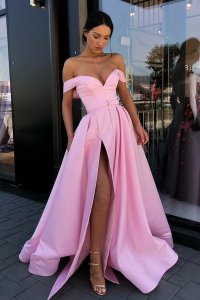 Off The Shoulder Pink Satin Long Prom Gown With High Thigh Slit Loveangeldress 8398