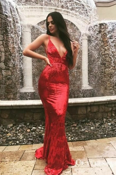 Red Sequin Fitted Prom Dresses with 