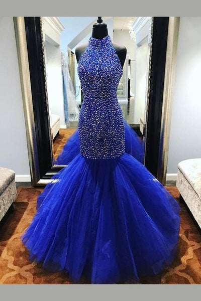 royal blue rhinestone prom dress