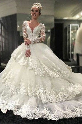 Royal Court Princess Ball Gown Wedding Dress With Long Lace Sleeves