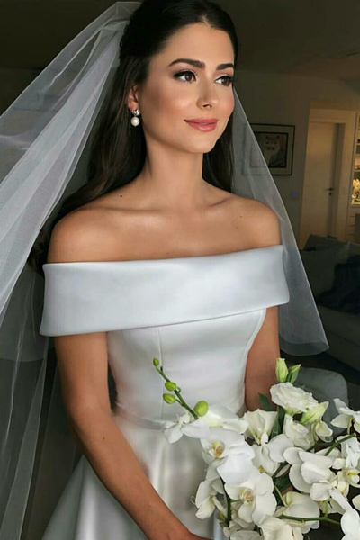 simple satin off the shoulder wedding dress