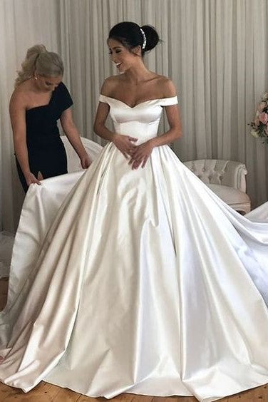 simple satin off the shoulder wedding dress