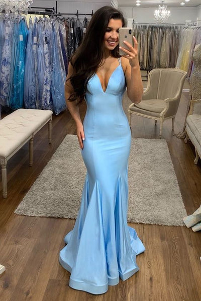 sky blue mermaid prom dress