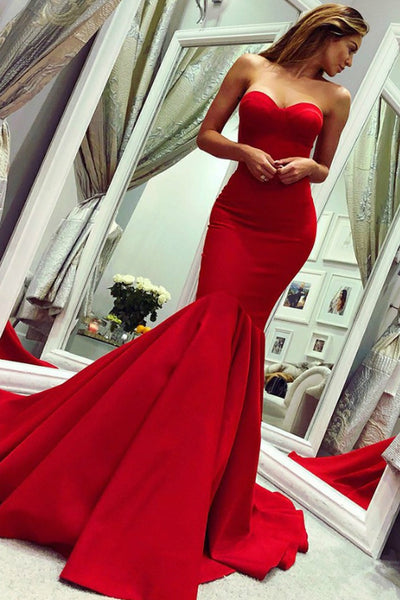 red mermaid prom dress with train