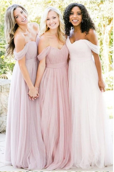 blush off the shoulder bridesmaid dress