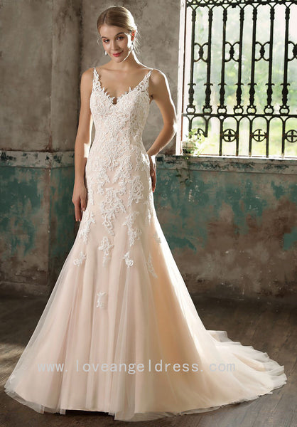 champagne fit and flare wedding dress