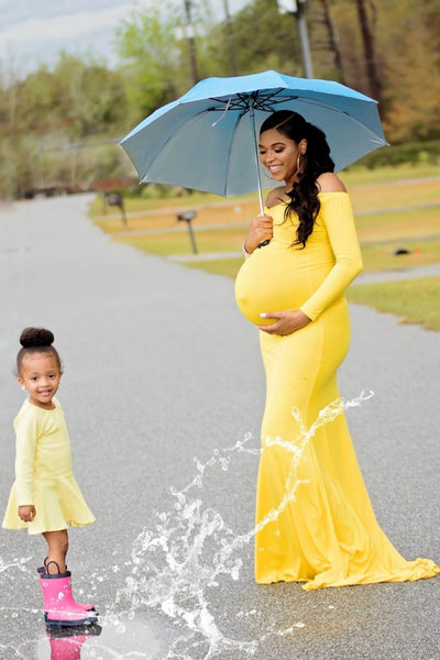 yellow off the shoulder maternity dress