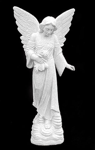 A beautiful angel looks down demurely in this large marble angel sculpture for the garden