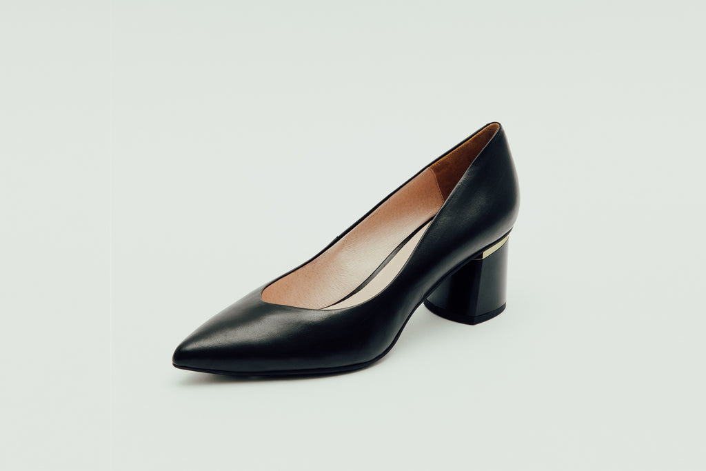 black leather block heel pumps