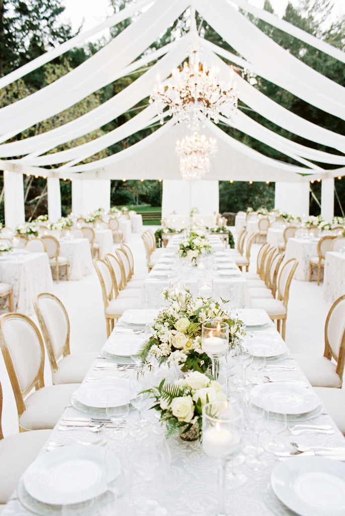 All White wedding inspiration, outdoor reception fabric roof, table setting