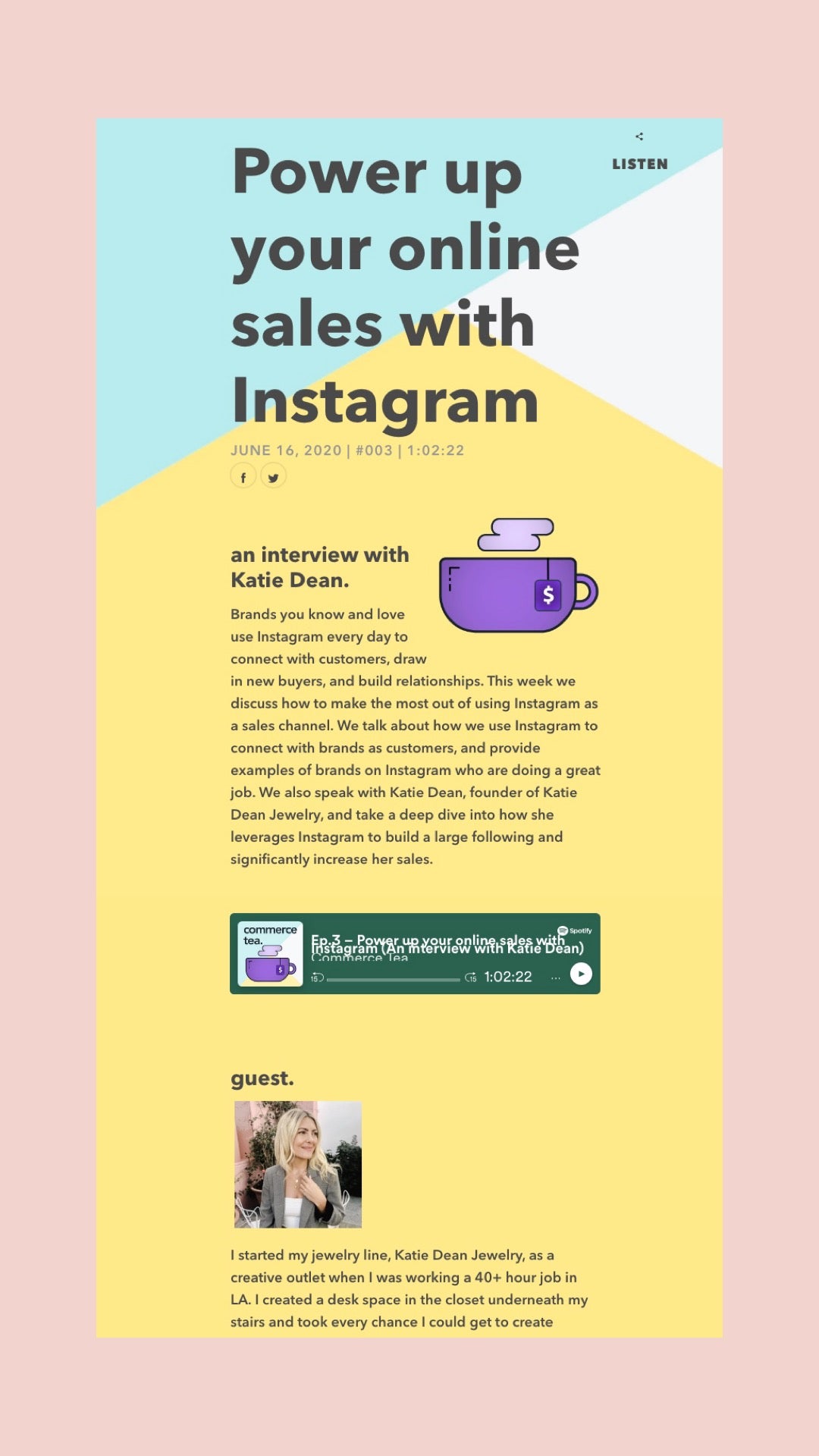 Image showing the Commerce Tea Podcast icon and text of the power-up-your-online-sales-with-instagram podcast interview with Katie Dean