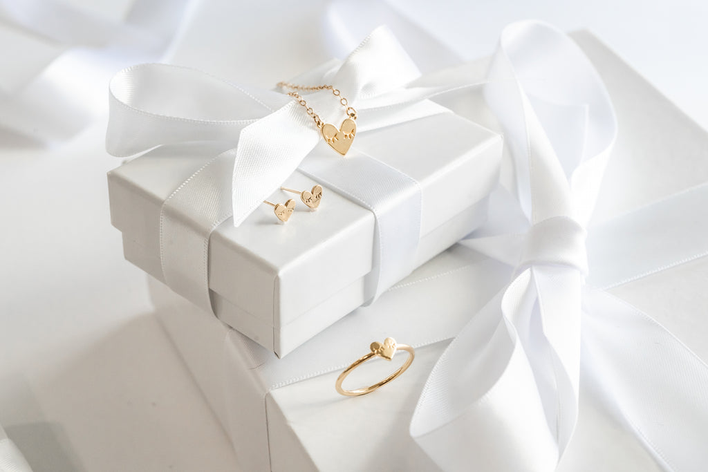 Heart collection, Katie Dean Jewelry, holiday gift guide, dainty heart necklace, ring + earrings