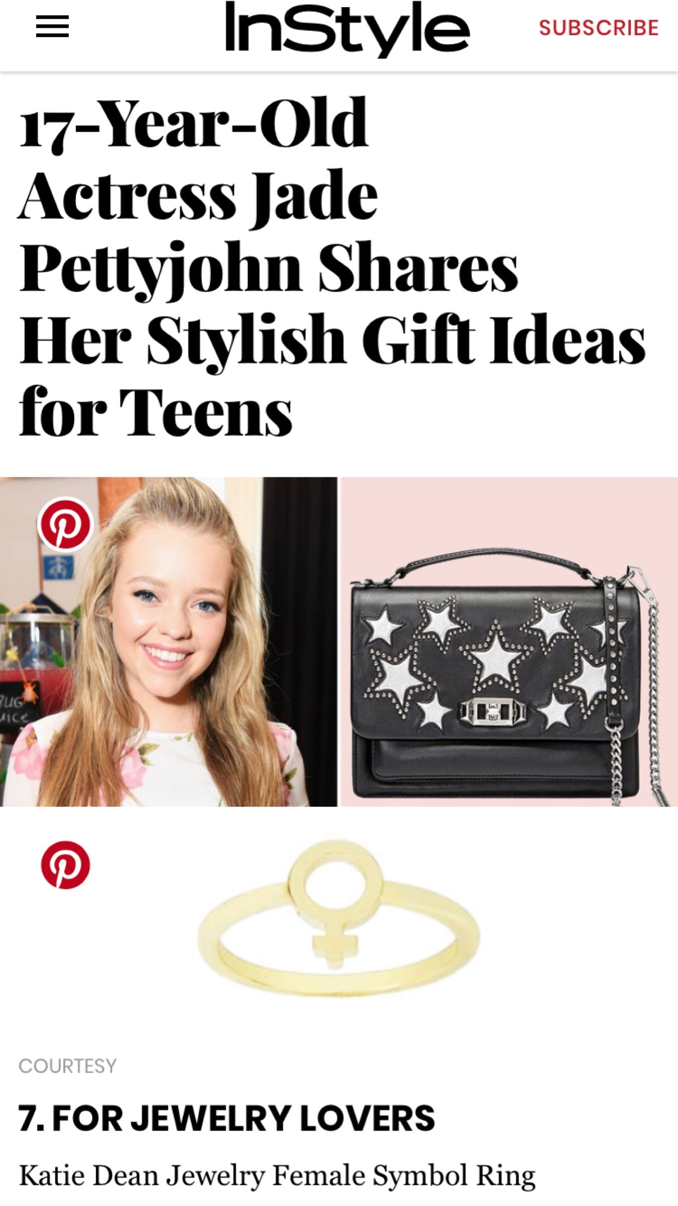 Jade Pettyjohn inStyle magazine gift guide feature, katie dean jewelry female symbol ring