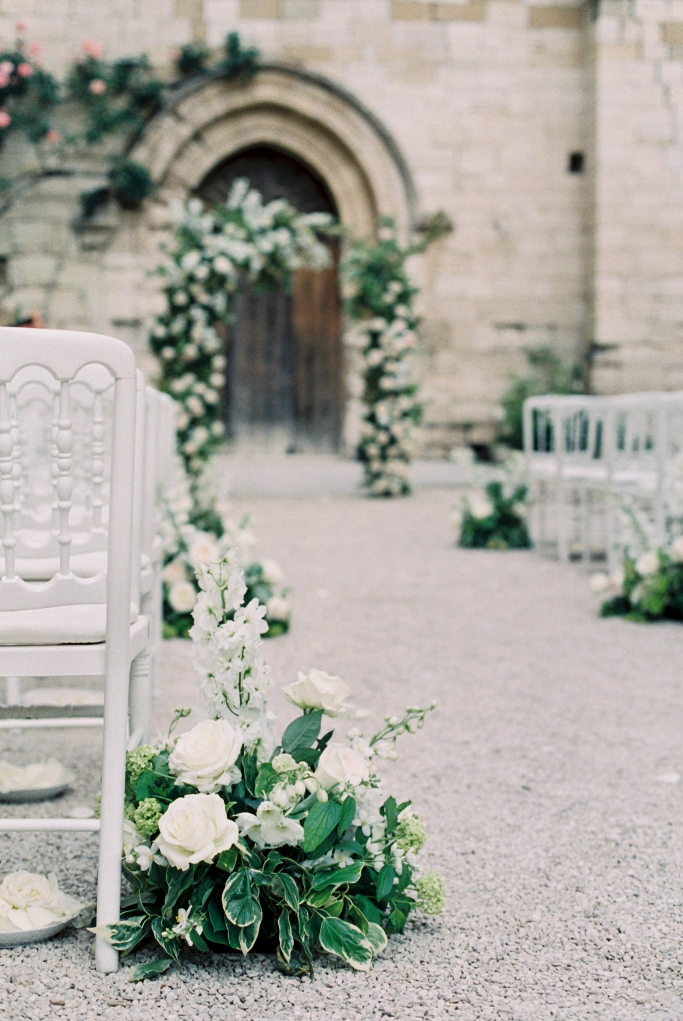 Katie Dean Jewelry romantic destination wedding at a chateau, Provence, France, wedding ceremony flowers