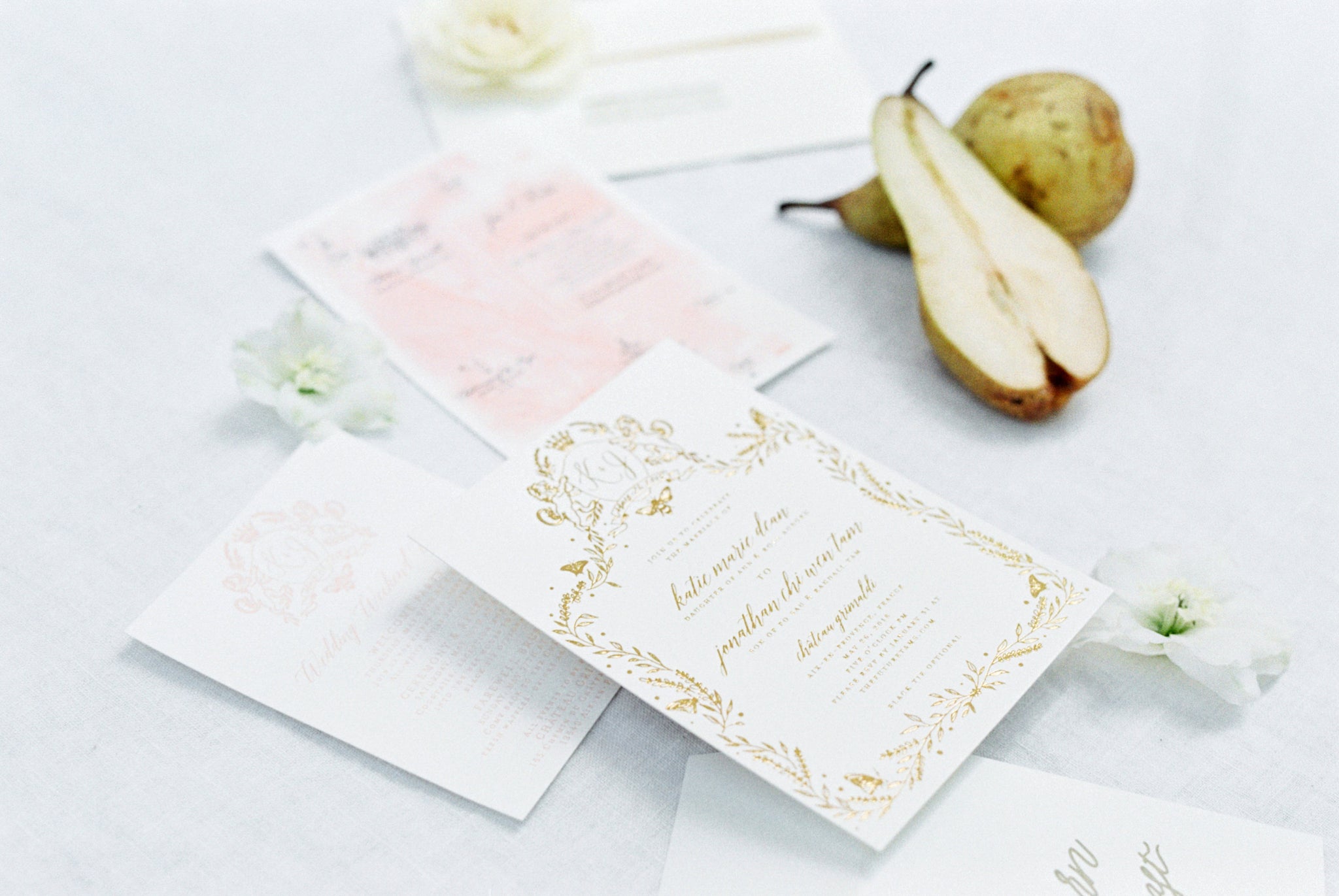 Katie Dean Jewelry romantic destination wedding at a chateau, Provence, France, wedding invitation flatlay