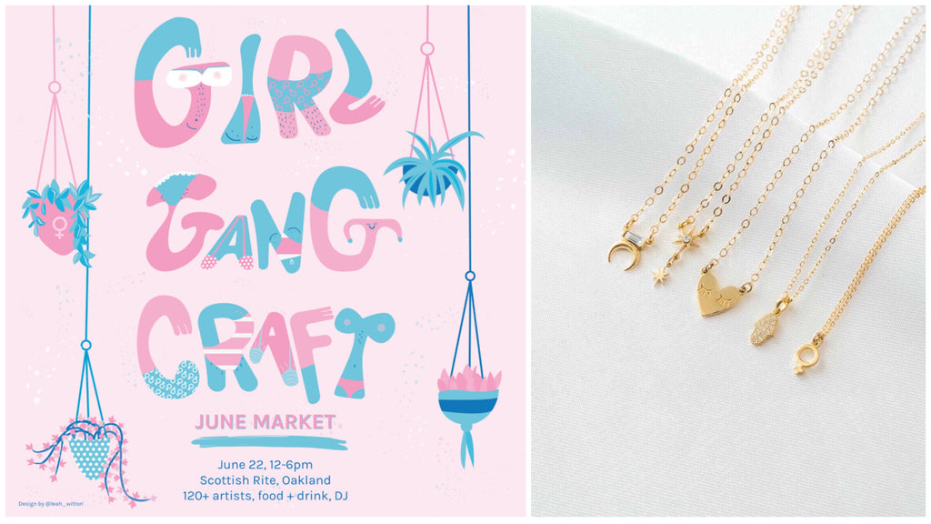 Girl Gang Craft Flyer + gold Katie Dean Jewelry necklaces on white satin