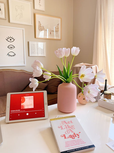 Pink tulips in a pink vase on Katie Dean Jewelry's Desk, The Power of Flowers blog