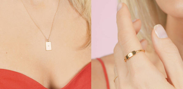 Dainty, handmade Rectangle Necklace and Ring by Katie Dean Jewelry on a model with a red dress.