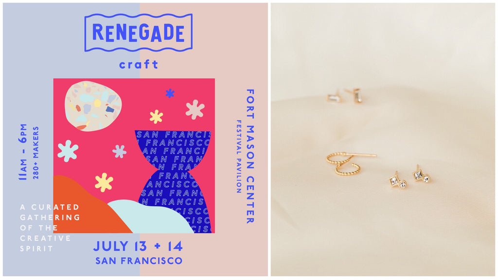 Renegade Craft San Francisco flyer + Katie Dean Jewelry earrings on white satin