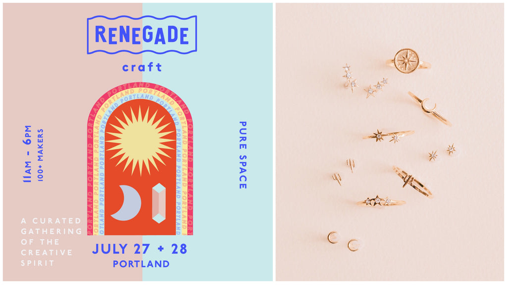 Renegade Craft Portland flyer + dainty gold Katie Dean Jewelry on Pink background showing moons and star jewelry