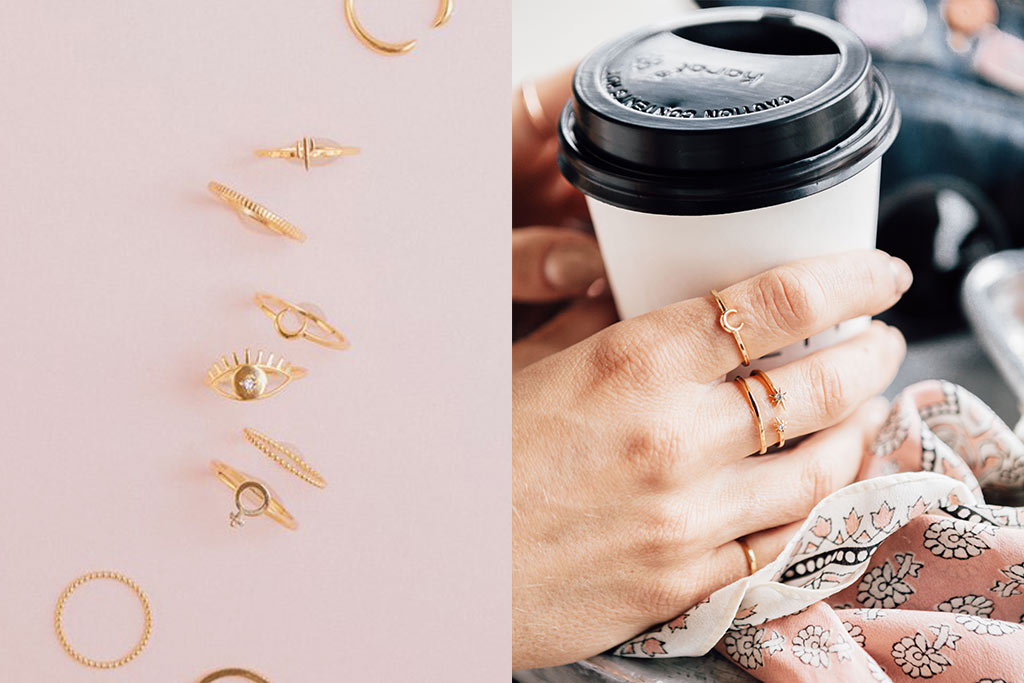 Two images side by side, one with a pink background and gold jewels standing upright, the other with Katie's hands holding a cup of coffee.