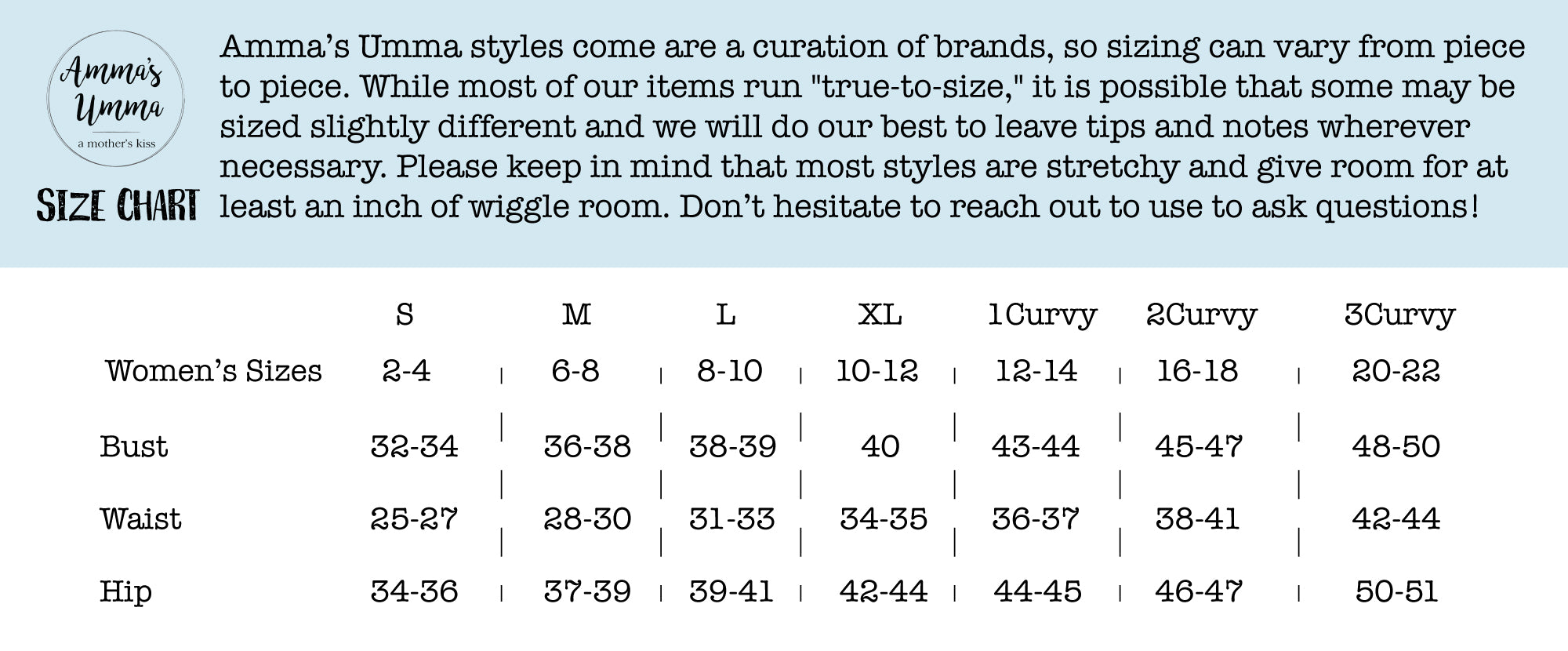 Amma's Umma Size Chart