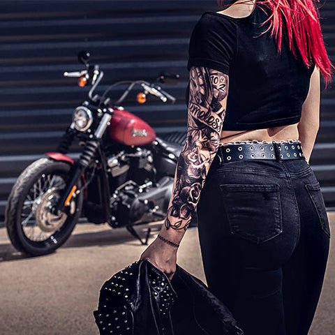 tatouage ephemere éphémère bras complet sleeve manchette tatoo faux tatouage bras tatouages temporaires femme homme noir moto harley