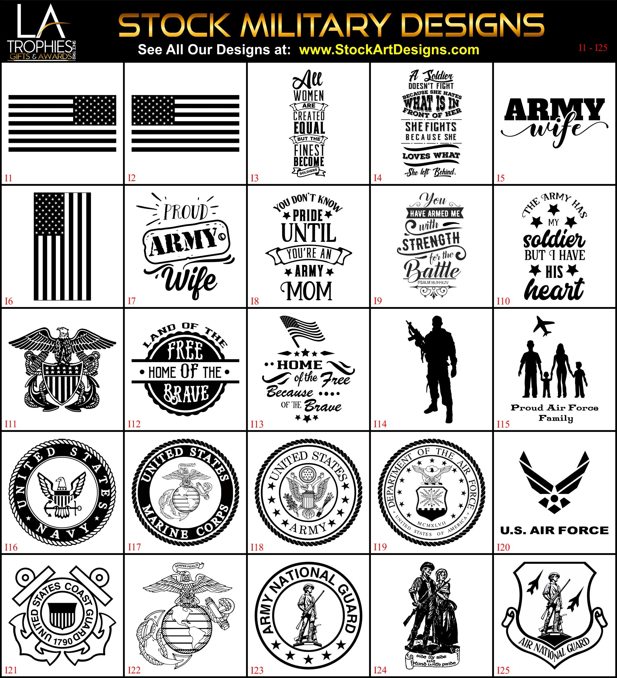 I1-I25 - Stock MILITARY Designs LA Trophies Laserable Artwork