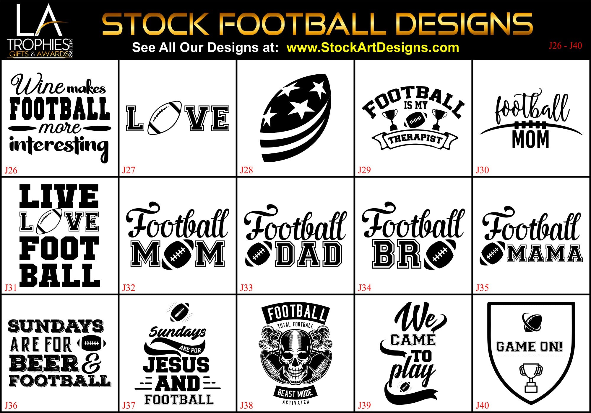 J26-J40 - Stock FOOTBALL Designs LA Trophies Laserable