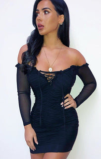 Black Ruched Bardot Lace Up Dress - Alexandra