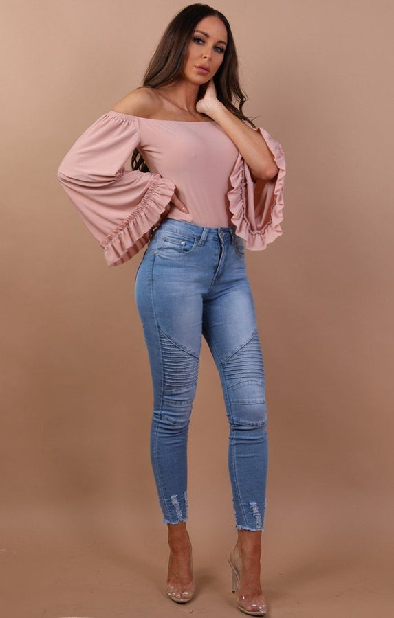Blue Ribbed Skinny Biker Jeans - Willow