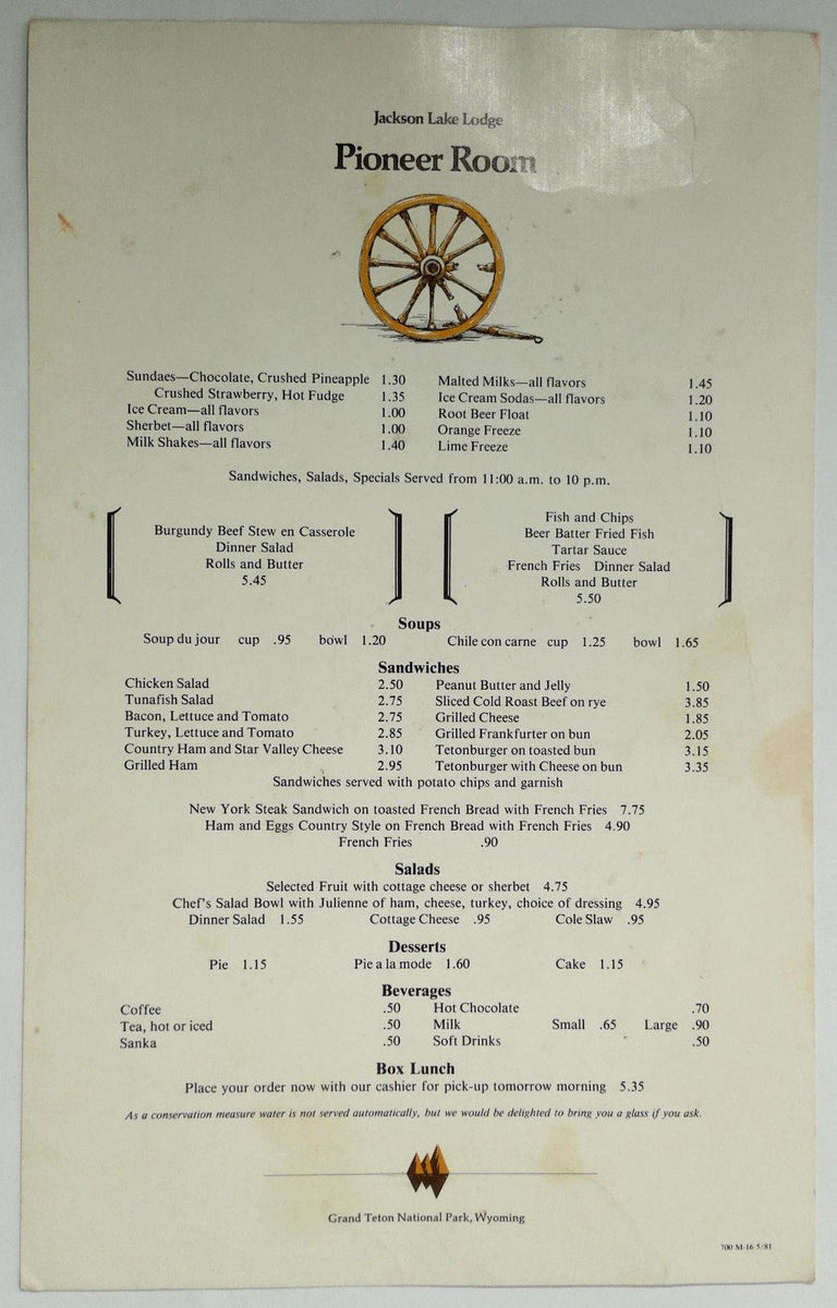 1981 Vintage Menu Jackson Lake Lodge Pioneer Room Grand Teton National Vintage Menu Mania 0131