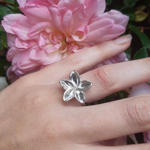 Plumeria flower ring, handcrafted in 100% recycled sterling silver by Gemma Tremayne Jewellery