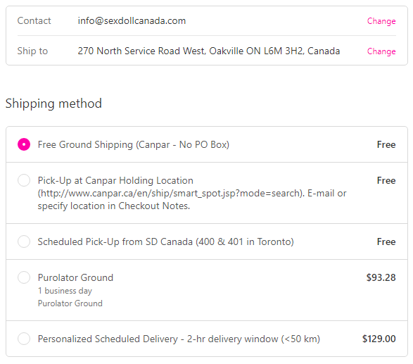 Example Delivery Options - Standard Shipping to Oakville