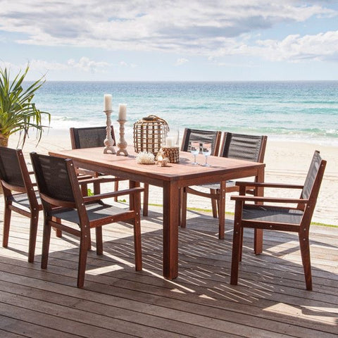7PCE Harrison Setting with Roxbury sling chairs made from Kwila wood, one of our most durable timbers in stock.