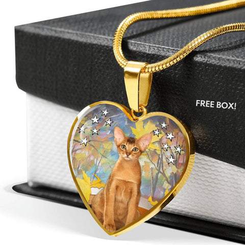Abyssinian Cat Print Heart Pendant Luxury Necklace-Free Shipping