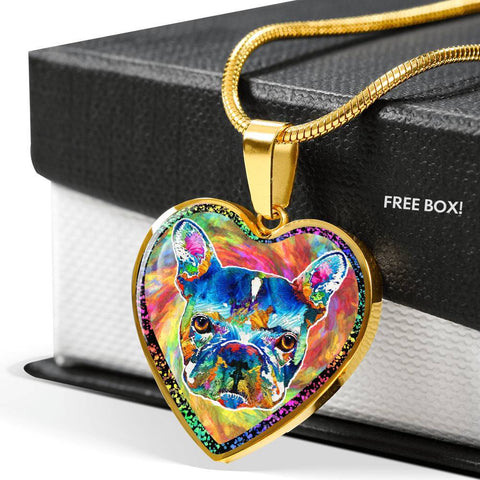 Colorful French Bulldog Print Heart Charm Necklaces-Free Shipping