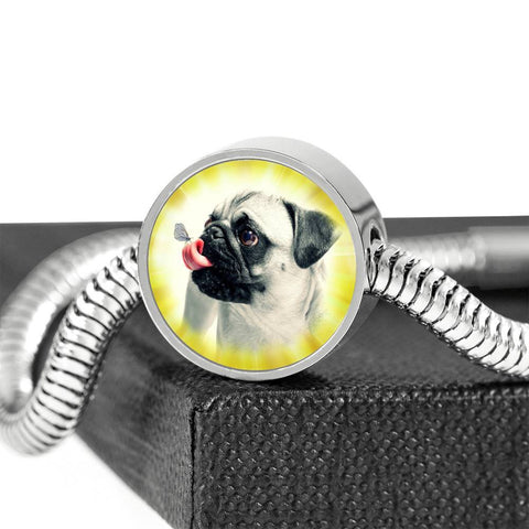 Cute Pug Dog Print Circle Charm Steel Bracelet-Free Shipping